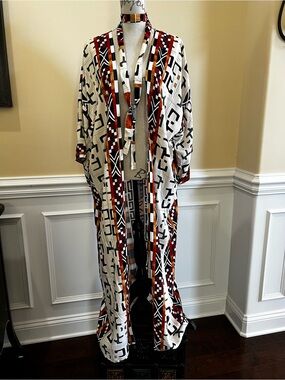 Abstract, Geometric Boho Long Duster Kimono/Caftan in Ivory, Black & Rust.